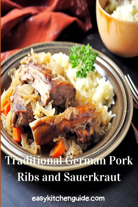 Learn how to make traditional German pork ribs and sauerkraut the authentic way! All you need is this easy recipe guide that will teach you how to re-create a classic dish. Country Style Pork Ribs And Sour Kraut, Sauerkraut And Ribs, Pork Ribs And Sauerkraut Crockpot, Short Ribs And Sauerkraut, Country Ribs And Sauerkraut, Spare Ribs And Sauerkraut, Pork Ribs And Sauerkraut, Ribs And Sauerkraut, Sour Kraut