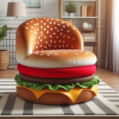 Whimsical Whopper: Add Flavor to Your Space with a Cheeseburger Chair Cheeseburger Lounge Chair 🍔🪑🌟 #BurgerSeating #FastFoodComfort #DeliciousDesign Sink into comfort with the Cheeseburger Lounge Chair. This unique seating option takes inspiration from everyone's favorite fast food indulgence, offering a cozy and whimsical spot to relax. Elevate your lounging experience with the Cheeseburger Lounge Chair, where every sit-down feels like a delicious escape into comfort. 🍟🍔🛋️ https://luxarts.... Fun Lounge Chair, Crazy Furniture, Food Furniture, Unique Chairs, Unique Seating, Unusual Furniture, Food Sculpture, Home Goods Decor, All Food