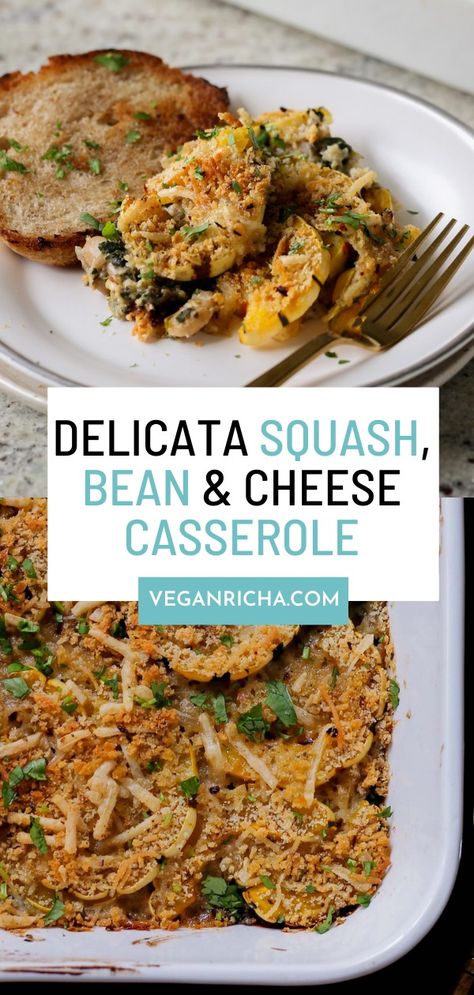 Creamy delicata squash casserole with white beans and a crunchy breadcrumb topping is fall and winter comfort food at its finest. It makes a great holiday entree, too! Holiday Entrees, Breadcrumb Topping, Vegan Entrees, Gluten Free Bread Crumbs, Soy Free Vegan, Vegan Mozzarella, Vegan Entree, Delicata Squash, Winter Comfort Food