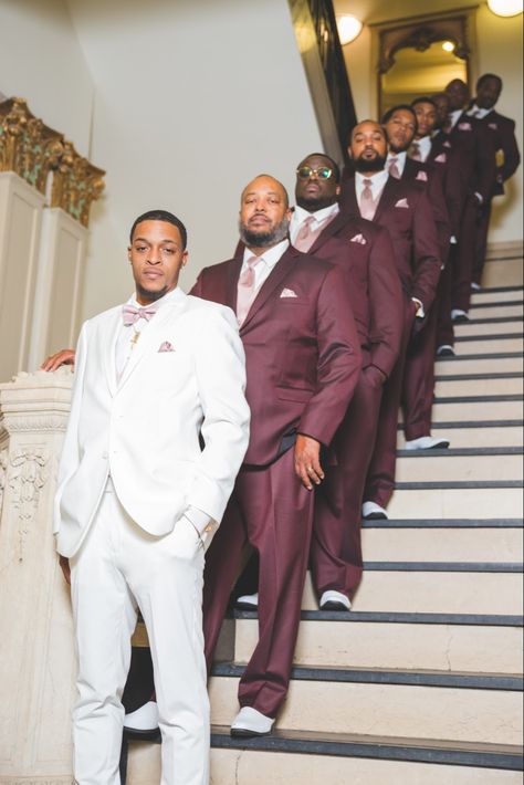 Wedding Party Burgundy And Blush, Burgundy And Blush Groomsmen Attire, Black Burgundy And Rose Gold Wedding, Groomsmen Burgundy Attire, Rose Gold Suit Men, Maroon Champagne Wedding, Mauve Groomsmen Attire, Dusty Rose Groomsmen Attire, Blush Groomsmen Attire