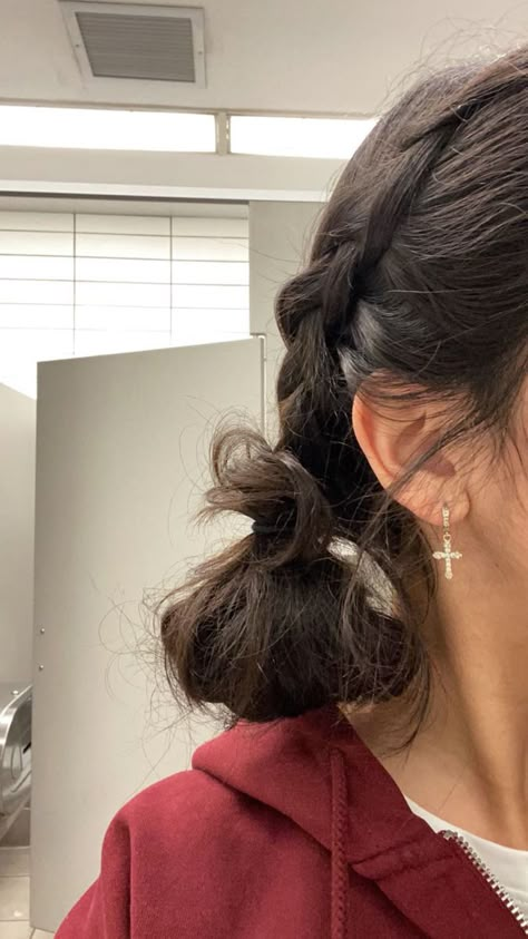 braided hairstyle, low space buns, god, cross earrings, jesus, hair inspo, hairstyle inspiration Cute Medium Short Hairstyles, Cute Hairstyles For Asians, Cute Hairstyles For Short To Medium Hair, One Tie Hairstyles, Up Hairstyles Medium Length, Retail Hairstyles, Straight Updo Hairstyles, Shoulder Length Hairstyles For School, Short Hair Hairstyles Curly