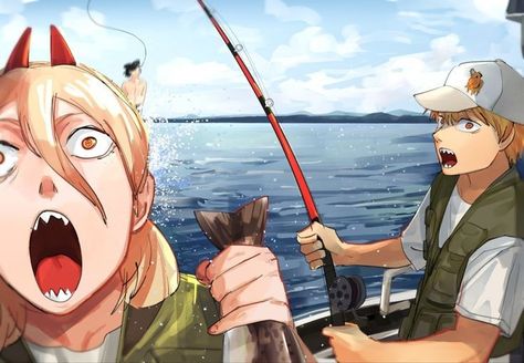 Power And Denji, Power Denji, Man Icon, 영감을 주는 캐릭터, Chainsaw Man, Fishing Trip, Male Art, Chainsaw, Anime Fanart