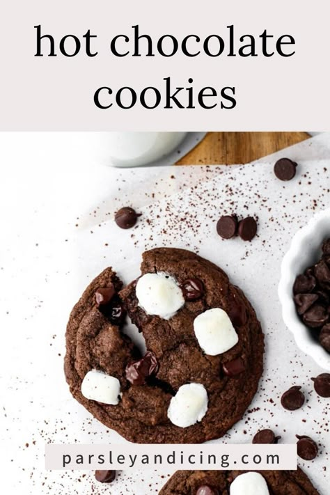 Chocolate Chips And Marshmallows, Hot Chocolate Cookie Recipes, Milk Chocolate Chip Cookies, Xmas Baking, Hot Cocoa Cookies, Hot Chocolate Cookies, Cookies Easy, Cocoa Chocolate, Chocolate Cookie Recipes