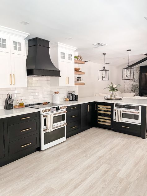 Kitchen Peninsula Attached To Wall, Black And White Farmhouse Kitchen, Black Beams, Kitchen Appliances Organization, Black And White Cabinets, Gold Kitchen Hardware, Trailer Makeover, Kitchen Peninsula, Motivational Podcasts