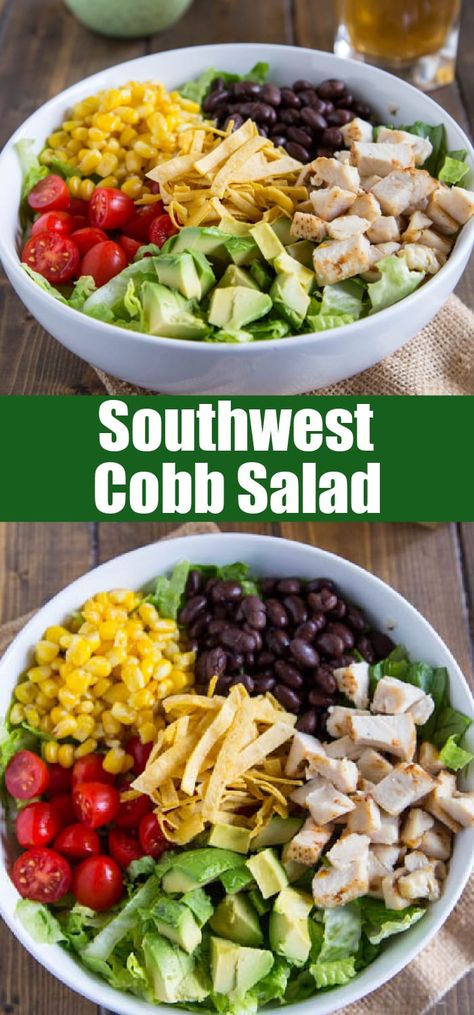 Southwestern Cobb Salad - A classic Cobb salad with a Southwestern, tex-mex twist! Topped with a creamy cilantro lime dressing for a hearty, filling, and delicious salad. Cobb Salad For A Crowd, Creamy Cilantro Lime Dressing, Boneless Skinless Chicken Breast Recipes, Lite Recipes, Skinless Chicken Breast Recipes, Southwestern Salad, Classic Cobb Salad, Summer Pasta Salad Recipes, Cobb Salad Recipe