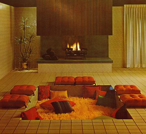 Sunken living room!  Detail from an ad for Mosaic Tile Company 1966. Groovy Interiors, Sitting Area Design, 70s Interior Design, Conversation Pit, 80s Interior, Cozy Living Room Design, 70s Interior, Retro Interior Design, Sunken Living Room