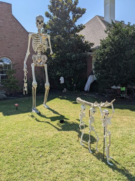 Poseable Skeleton Ideas Inside, Halloween Skeleton Decorations Funny, 10 Ft Skeleton, Skeleton Themed Halloween Decorations, Skeleton Outdoor Ideas, Giant Skeleton Halloween Decor Ideas, 12 Foot Skeleton Ideas Halloween, Outdoor Skeleton Ideas, Giant Skeleton Halloween Decor