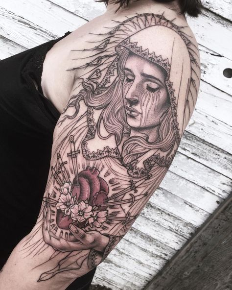 Lady of Sorrows sleeve tattoo design by @scragpie Mother Mary Tattoos, Soft Tattoo, Lady Of Sorrows, Tattoos Inspo, Small Chest Tattoos, Samantha Smith, Mary Tattoo, Dragon Sleeve Tattoos, Epic Tattoo