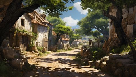 Walking down the quaint dirt road, embracing the simplicity of village life. ✨🏞️ Village Forest Aesthetic, Medieval Landscape, Pitch Ideas, Village Backdrop, Village Background, Fantasy Aesthetics, Forest Village, Road Painting, Fantasy Village