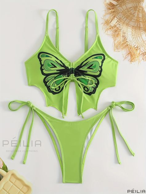 Peilia - Womens Butterfly Print Drawstring Tie Side 2 Piece Set Bikini - Spaghetti Strap, High Stretch Y2K Swimsuits - Stylish Swimwear & Clothing 2 Pieces Swimsuit, Swimsuit High Waisted, Y2k Swimsuit, Rave Clothes, Festival Outfits Rave, Cute Bathing Suits, Cute Swimsuits, Printed Drawstring, Really Cute Outfits