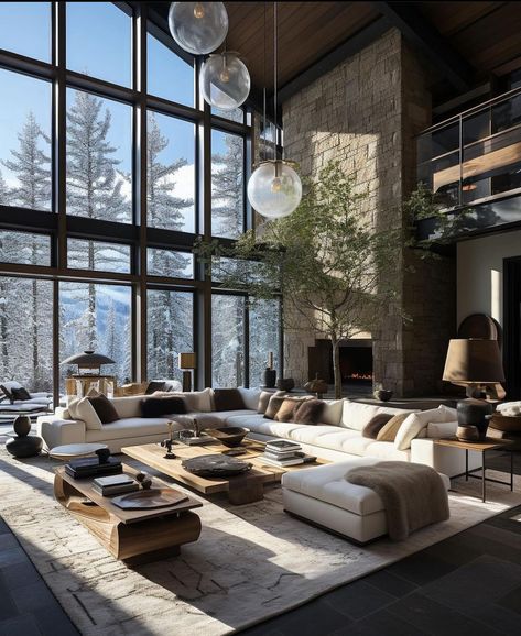 Mountain Homes Interiors, Rustic Scandinavian Living Room, Chalet Living Room, Mountain Interior Design, Mountain Home Interiors, Mountain Dream Homes, Modern Mountain House, Modern Wooden House, Mountain Interiors