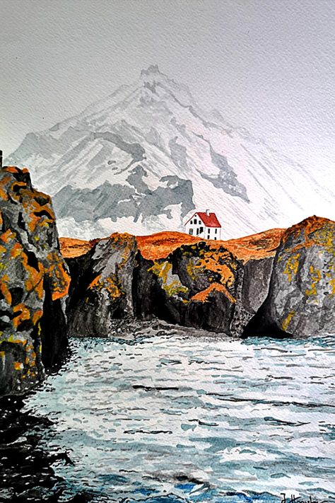 #iceland#mountain#ocean#snow#cliffs#sea#waves#watercolor#water#rocks#fog#mist#winter#cold#nature#wilderness#house#countryside#art#painting#redbubble#artjojo Vancouver Island Painting, Icelandic Houses, Iceland Watercolor, Iceland Painting, House Countryside, Iceland Art, Waves Watercolor, Mountain Ocean, Paint Board