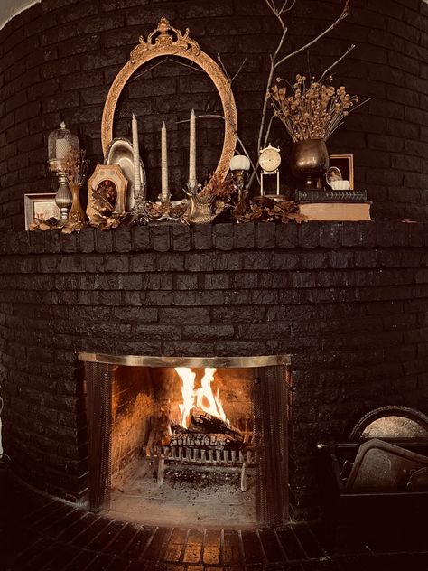 Moody Fireplace Mantle, Dark Fireplace Mantle Decor, Moody Fireplace Decor, Dark Academia Mantle, Moody Brick Fireplace, Dark Academia Fireplace Mantle, Victorian Mantle Decor, Moody Antique Decor, Moody Mantle Decor