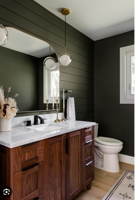 Nickel Gap, Modern Farmhouse Bathroom Ideas, Dark Green Bathrooms, Installing Shiplap, Shiplap Bathroom, Interior Design Gallery, White Shiplap, Modern Farmhouse Bathroom, Green Walls