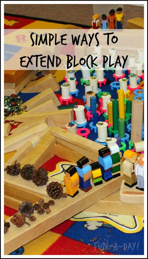 Simple ideas for extending block play at home and school from Mary Catherine #ECE #blocks Block Corner Ideas, Block Area Eyfs, Block Ideas For Preschool, Block Center Activities Preschool, Block Play Early Years, Block Play Ideas, Block Play Preschool, Home Corner Eyfs, Preschool Block Area