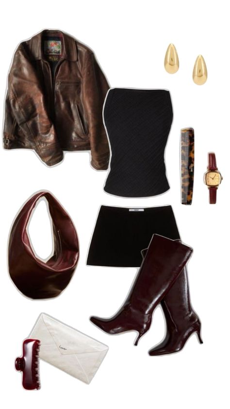 Leather jacket, brown jacket, brown leather jacket, top, tube top, boob tube, black top, black tube top, bandeau top, skirt, mini skirt, black mini skirt , boots, knee high boots, leather boots, red boots, bag, shoulder bag, handbag, brown bag, brown shoulder bag, watch, red watch, earrings, gold earrings, teardrop earrings, comb, claw grip, Outfit Ideas Night Out, Girls Winter Outfits, Going Out Outfit, Teen Swag Outfits, Nashville Outfits, Aesthetic Outfit Ideas, Causal Outfits, Simple Trendy Outfits, Going Out Outfits