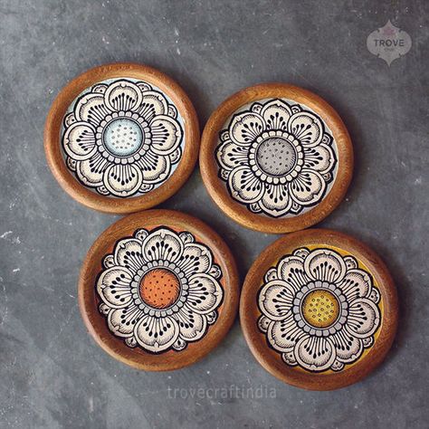 Handpainted Coasters, Hand Painted Coasters, Lotus Motif, Painted Coasters, Plate Wall Art, Coaster Art, Felt Necklace, Big Rangoli Designs, Clay Wall Art