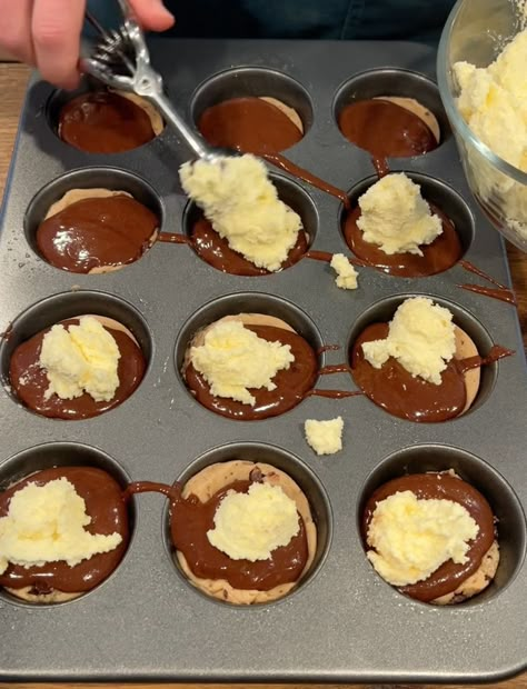 Desserts Using Cookie Dough, Chocolate Chip Brownie Cheesecake, Brownie Cookie Cheesecake Cups, Brownie Cookie Cheesecake Bites, Cookie Brownie Cheesecake Cups, Brownies In Cupcake Pan, Brookies In A Muffin Pan, Chocolate Chip Cookie Brownie Cheesecake Muffins, Brookie Cheesecake Cups