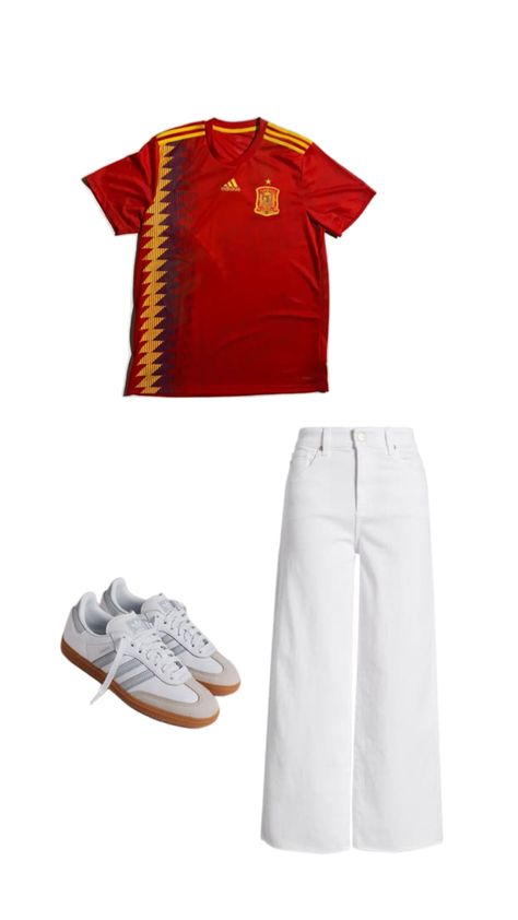 Show off your team spirit in style with this vibrant outfit! Rock a Spain football jersey paired with crisp white jeans for a fresh, sporty look. Complete the ensemble with classic Adidas Sambas for a comfortable, athletic vibe. Perfect for cheering on your favorite team or a casual day out with friends! 🇪🇸✨ #SportyStyle #GameDayFashion #OOTD Spain Football Jersey, Spain Jersey, Gameday Fashion, Outfit Rock, Spain Football, Football Jersey Outfit, Vibrant Outfits, Adidas Sambas, Classic Adidas