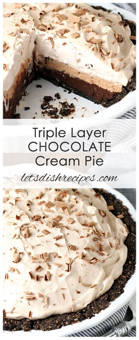 Triple Layer Chocolate Cream Pie Recipe -- This decadent dessert feature three chocolate layers--a rich fudge filling, a chocolate mousse, and chocolate whipped cream--to satisfy even the biggest chocolate cravings! #chocolate #pie #desserts #recipes Easy Chocolate Pie Recipe, Easy Banoffee Pie, Chocolate Cream Pie Recipe, Strawberry Cream Pies, Homemade Chocolate Pudding, Chocolate Pie Recipes, Chocolate Crust, Chocolate Cream Pie, Cream Pie Recipes