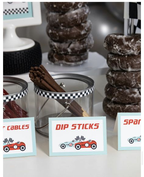 Race Car Birthday Snack Ideas, Two Fast Birthday Vintage, One Year Car Birthday, Race Car Dessert Ideas, Fast Car Birthday Party Ideas, Racing Car Party Decorations, Racing 2nd Birthday, Race Car Theme Party Food, 2nd Birthday Two Fast