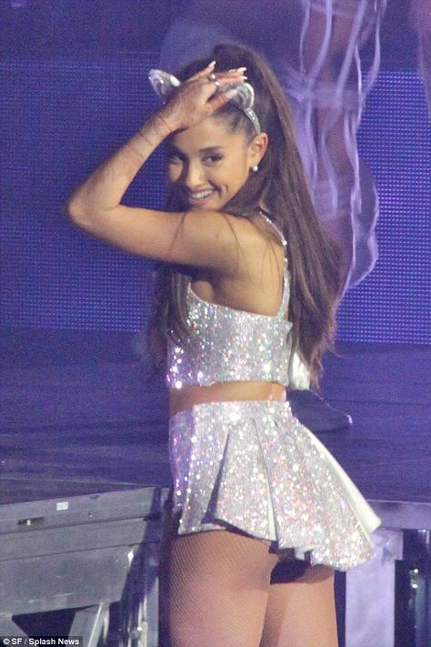 Glittery: Ariana Grande put on a dazzling display as she performed a date on her 'Honeymoo... Ariana Grande 2015, Pvc Mini Dress, Ariana Grande Honeymoon Tour, Ariana Grande Grammys Performance, Honeymoon Tour Ariana, Ariana Grande At Concert, Ariana Grande Amas 2016, Flapper Style Dresses, Ariana Instagram