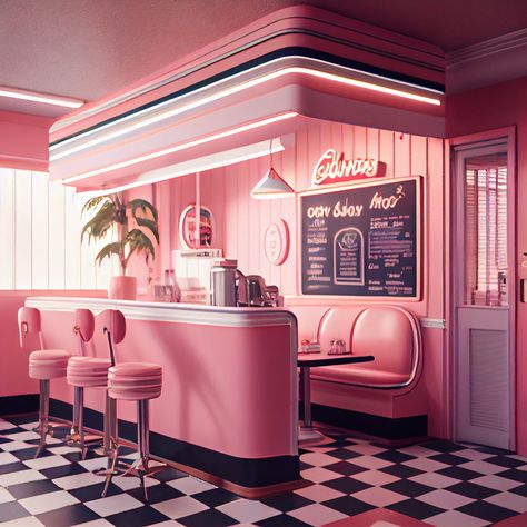 Pink Diner Pink Diner, Diner Interior, Luxury Bedroom Sets, Pink Bar, Retro Cafe, Online Interior Design Services, Design Circle, Retro Diner, American Diner