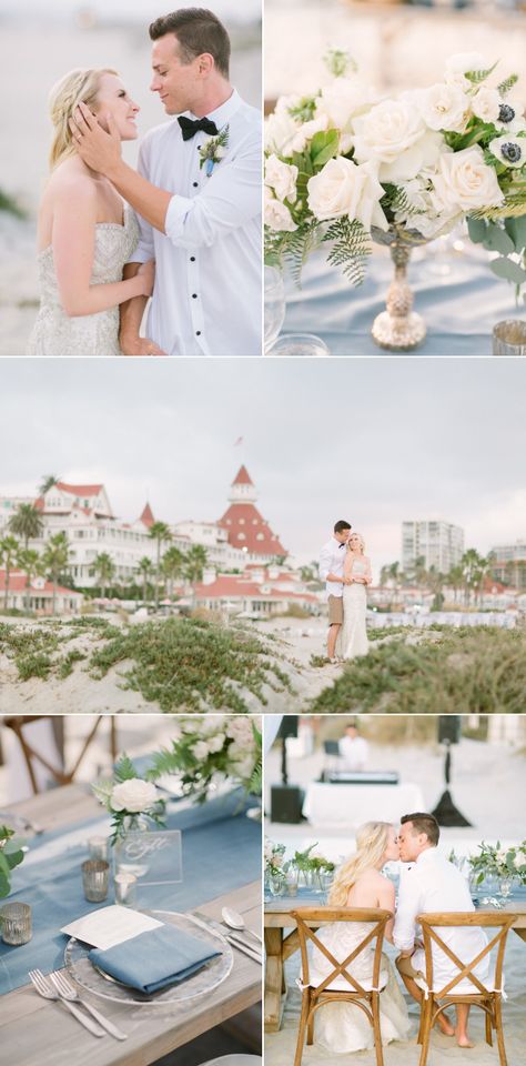 Del Coronado Hotel, Hotel Del Coronado Wedding, San Diego Elopement, Beachside Wedding, Hotel Del Coronado, Beach Bonfire, Kleinfeld Bridal, Beach Ceremony, Chiavari Chairs