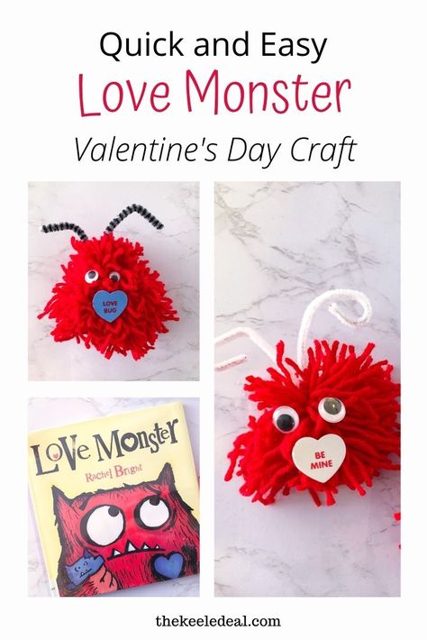 Title "quick and easy love monster Valentine's Day Craft" Collage of 3 images 2 different love monster craft images and one image of the Love Monster picture book. Valentine Monster Craft, Love Monster Activities, Love Monster Craft, Monster Valentine, Preschool Valentines Activities, Valentines Week, Valentine's Day Party Games, Monster Activities, Monster Decorations