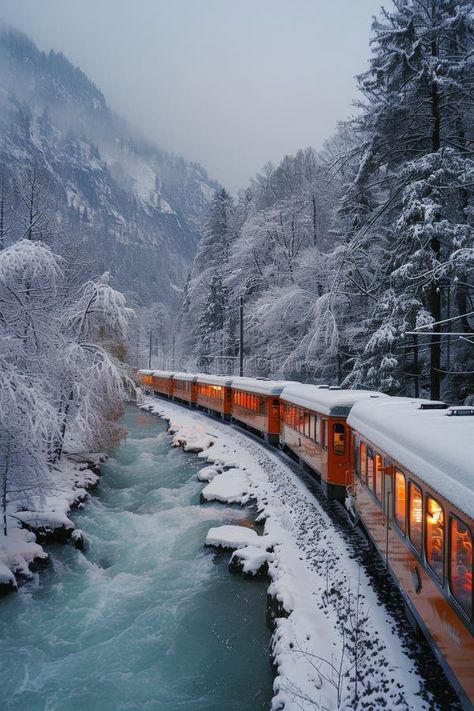 Red Train Traveling Through Snow Covered Forest. A red train moves through a winter landscape, passing through a forest covered in snow. AI Generati Winter Train, Train Through Mountains, Train In Winter Aesthetic, Train In Snow, Snowy Train Station, Brienz Switzerland Train, Beautiful Nature Scenes, Train Tracks, Train Travel