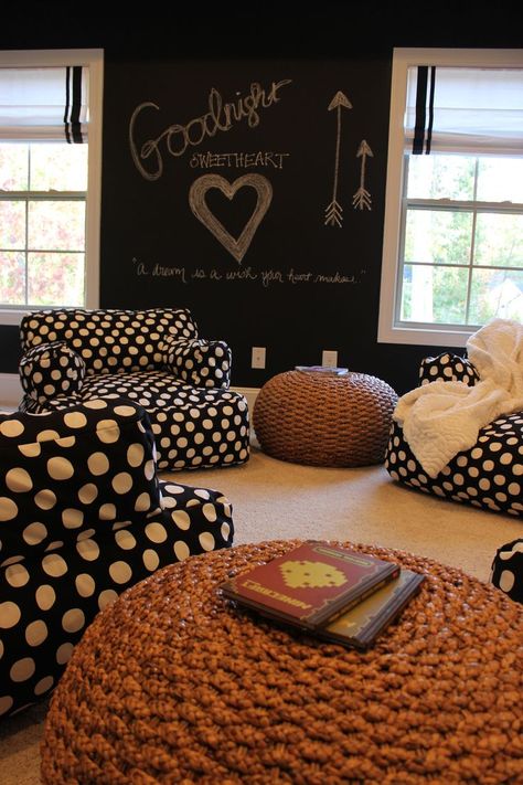 We love this "teen hangout room" designed perfectly with polka dots, comfy furniture and chalk board walls...sometimes the most efficient way to communicate with your teenager!  Don't forget some witty throw pillows from our RoomCraft lines!  RoomCraft.com Small Hang Out Room Ideas, Teen Hang Out Space, Teenager Playroom Ideas, Hangout Area Ideas, Teenage Playroom Ideas, Kids Hang Out Room Ideas, Hang Out Room Ideas Teenage, Hangout Chairs, Group Home Ideas