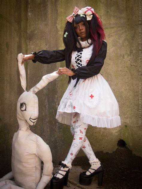 MUA/Model: Dolly Momoiro Photographer: Taeden Hall Clothing by Gloomth www.gloomth.com Red Dress Plus Size, Menhera Fashion, Menhera Kei, Pastel Gore, Dr Ideas, Nurse Outfit, Yami Kawaii, Black Femininity, Miniskirt Outfits