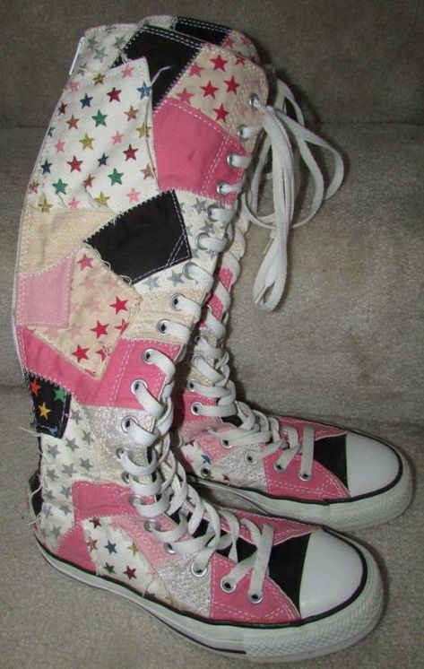 Knee High Converse, High Converse, Converse Boots, Boot Sneakers, Dream Core, Patchwork Boots, Scene Punk, Weird Images, High Sneakers