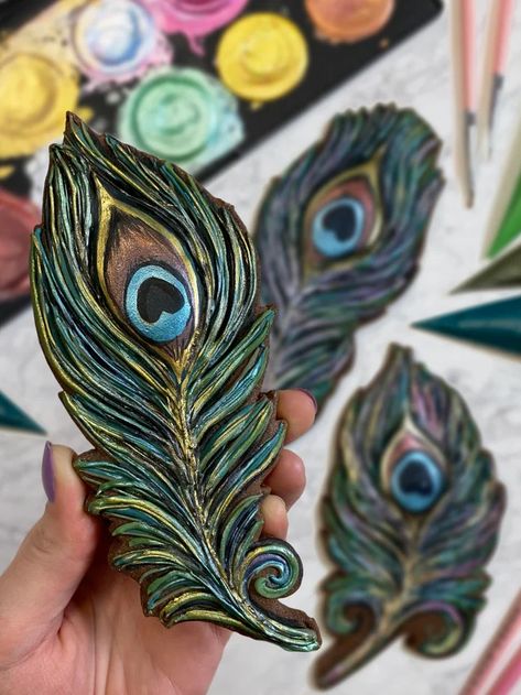 Peacock Clay Art On Canvas, Clay Peacock Feather, Peacock Clay Art, Peacock Pottery, Clay Peacock, Peacock Cakes, Karthigai Deepam, Easy Acrylic Painting Ideas, Function Dresses