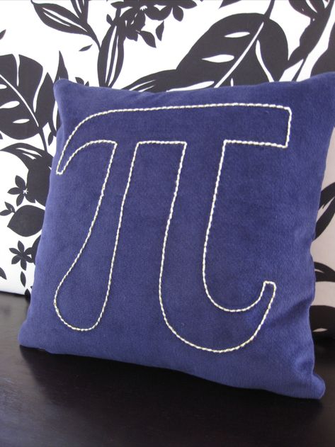 Corduroy pillow embroidered with a big Pi symbol. For all the math nerds out there. #embroidery Math Embroidery, Corduroy Pillow, Pi Symbol, Embroidered Pillow, Creative Work, Hand Embroidery, Throw Pillows, Embroidery, Pillows