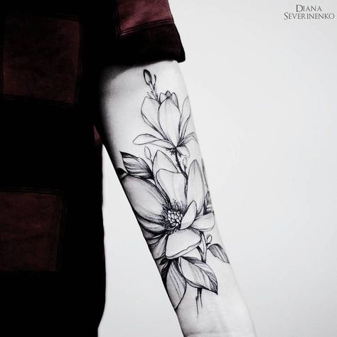 Magnolia Tattoo by dianaseverinenko Forarm Tattoos For Women, Nature Tattoo Sleeve Women, Magnolia Tattoo, Nature Tattoo Sleeve, Tattoo Trend, Forarm Tattoos, Floral Tattoo Design, Tattoo Arm, Sleeve Tattoos For Women