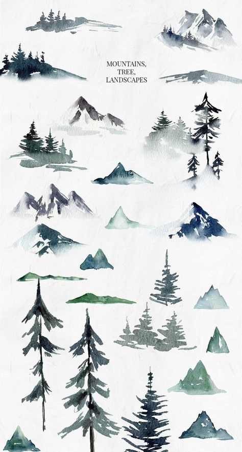 Watercolour Mountains, Drawing Mountains, Drawing Landscapes, Mountain Clipart, Mountains Watercolor, Mountain Watercolor, Landscape Clipart, Winter Drawings, Winter Clipart