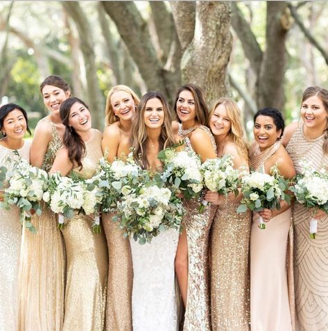 Gold Wedding Color Palette - The Glossychic Gold Wedding Color Palette, Gold Gowns, Mismatched Bridesmaids Dresses, Gold Wedding Bouquets, Gold Wedding Colors, Gold Wedding Dress, Gold Bridesmaid Dresses, Wedding Themes Winter, Mismatched Bridesmaids