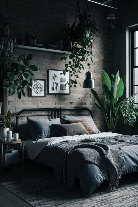 Bring a modern urban jungle to life in your bedroom with lush greenery and cozy industrial decor. Dark wood, metal accents, and exposed brick add character, while cozy textiles make this space feel inviting and relaxing.#UrbanJungleBedroom #IndustrialDecor #CozyBedroom #IndoorGreenery #ModernInterior #RusticStyle Cozy Industrial Decor, Modern Masculine Bedroom, Urban Jungle Bedroom, Urban Bedroom, Jungle Bedroom, Cozy Textiles, Masculine Bedroom, Bedroom Cozy, Cozy Living Spaces