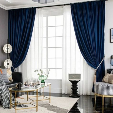 Blue Curtains Living Room, Dark Blue Curtains, Blue Velvet Curtains, Curtains Blue, Blue Blackout Curtains, Classic Curtains, Curtains For Bedroom, Stylish Curtains, Blue Curtains