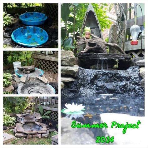 Outdoor Pond For Turtles, Diy Kiddie Pool Pond, Kiddie Pool Turtle Habitat, Kiddie Pool Pond, Kiddie Pool Fish Pond, Witchy Mansion, Outside Fountains, Backyard Diys, Patio Yard Ideas