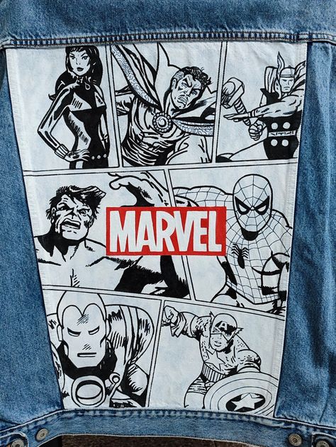 Marvel Jean Jacket, Marvel Denim Jacket, Spiderman Jean Jacket, Spiderman Denim Jacket, Denim Custom Jacket, Jeans Jacket Design, Jean Jacket Painted Ideas, Denim Jacket Painting, Painting On Denim