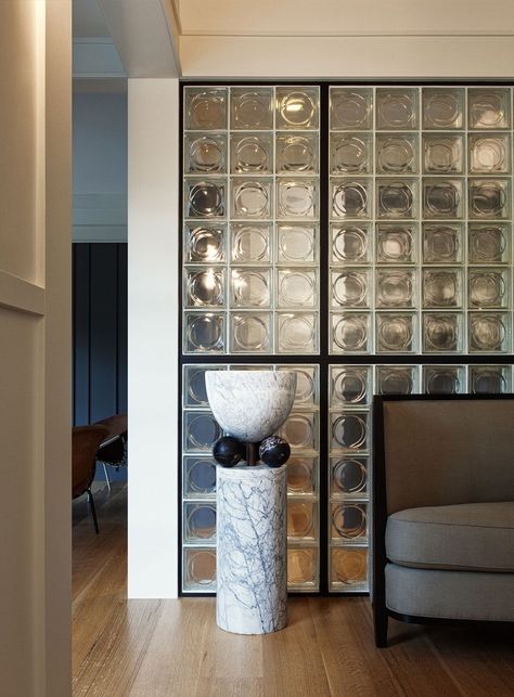 LOVE...Glass Blocks Are Cool Again: Here’s Why You Should Care Glass Block Wall, Glass Block Shower, Glass Blocks Wall, Glass Block Windows, Decorative Wall Sconces, Glass Brick, White Oak Floors, Glass Partition, Glass Block