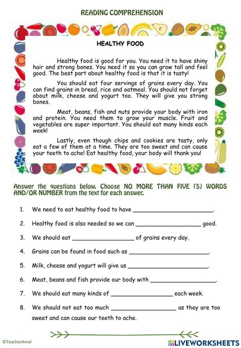 Healthy Food Activities, Unseen Passage, Reading Comprehension Test, Reading Exercises, Reading Comprehension For Kids, Healthy And Unhealthy Food, Reading Comprehension Lessons, English Activities For Kids, Work Sheet