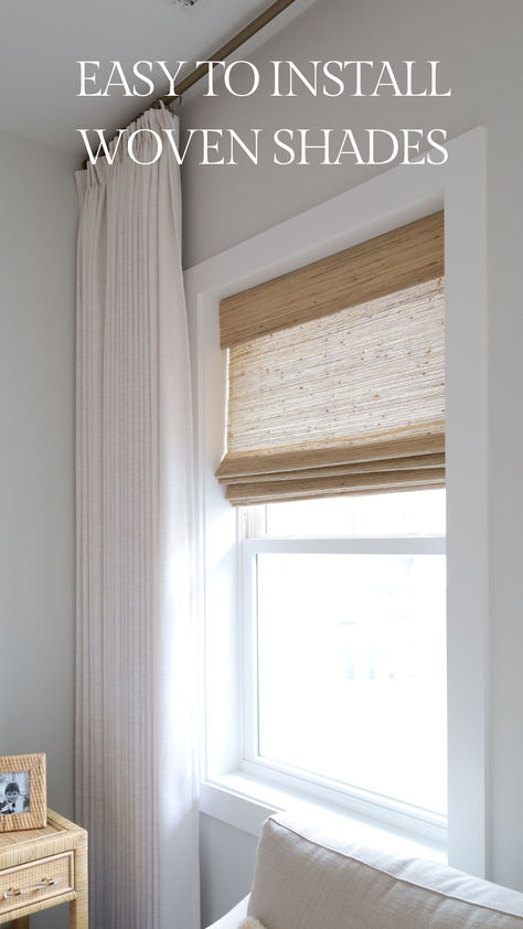 window with linen drapes and roman woven shades Roman Shades Vs Curtains, Rattan Roller Shades, Outer Mount Roman Shades, Linen Roman Shades Living Room, Kitchen Window Roman Shade, Hunter Douglas Vignette Roman Shades, Affordable Blinds For Windows, Blinds Or Shades, Woven Blinds With Curtains