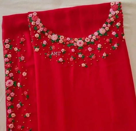 Thread Hand Work Suits Designs, Rose Work Hand Embroidery Blouse Designs, Simple Handwork On Kurti, Thread Embroidered Blouse Designs, Handwork Designs, Embroidered Wedding Dresses, Bullion Rose, Rose Embroidery Designs, Neckline Embroidery