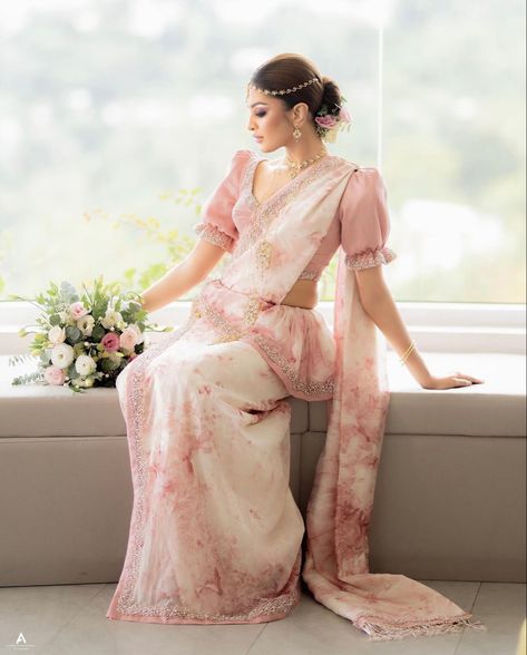 Sri Lankan Wedding Saree, Blush Floral Dress, Saree Jacket Designs, Engagement Saree, Saree Wearing Styles, Wedding Dress Bustle, Bridesmaid Saree, Fashionable Saree Blouse Designs, Lace Wedding Dress With Sleeves