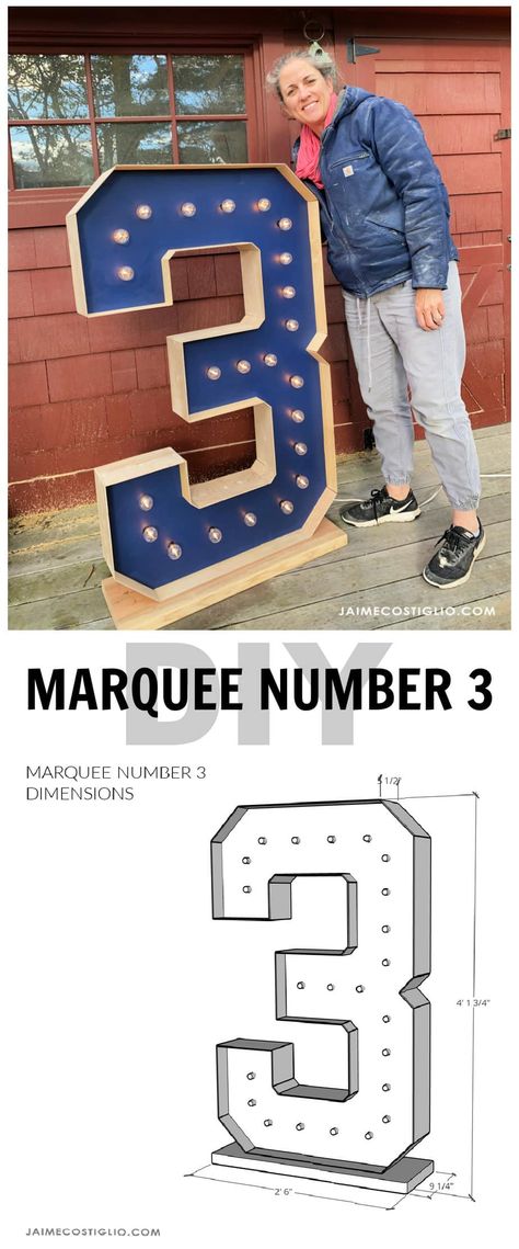 A DIY tutorial to build a self standing marquee number 3. Make this 4 foot tall marquee number for your next event using my plans. 2023 Marquee Numbers, Diy Marquee Numbers, Marquee Lights Diy, Diy Birthday Number, Marquee Numbers, Diy Marquee Letters, Birthday Lights, Big Numbers, Balloon Creations