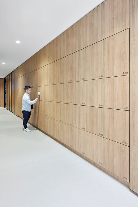 The Yellowbox smart locker system provides a clean aesthetic and a seamless experience for users and management. Staff use their existing swipe cards on the kiosk to book and open their locker. Staff Lounge, Wooden Lockers, Locker Locks, Swipe Card, Design Presentation, Self Serve, Clean Aesthetic, Lounge Design, Smart Lock