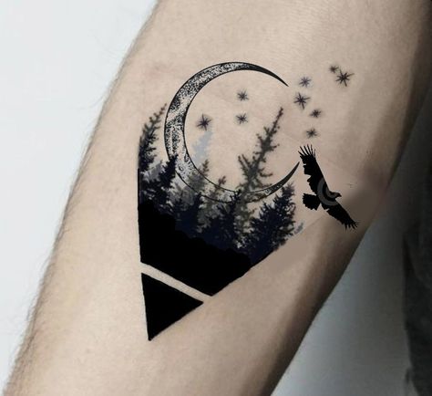 Dark Nature Tattoo Ideas, Triangle Moon Tattoo, Outdoors Tattoos For Women, Tattoo Cover Up Ideas For Women Arm, Paintbrush Tattoo, Nature Tattoo Ideas, Mountain Range Tattoo, Cover Up Tattoos For Women, Wanderlust Tattoo